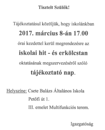 Hit- és erkölcstan oktatás 2017