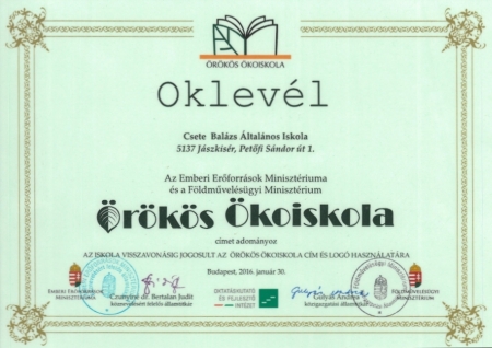 Örökös Ökoiskola oklevél